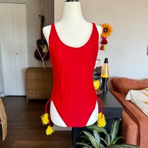 Red One-Piece Swimsuit with Yellow Tassels